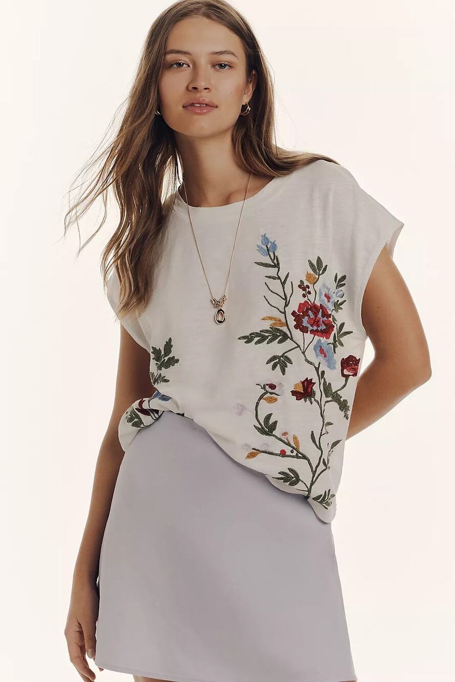 Anthropologie Growing Florals Short Sleeves Muscle Tee - XS